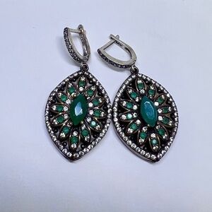 Antique earrings with real green emerald stones. Silver earrings